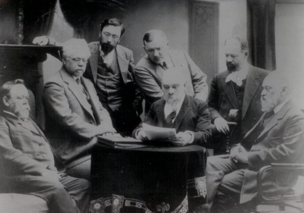 One of the meetings of the Sanitary Bureau of the Moscow Health Department (1919). Among the participants: V. Lebedev, P. Kurkin, V. Kiriakov, E. Grigoriev, S. Bogoslovsky, M. Sosnin, V. Levitsky.